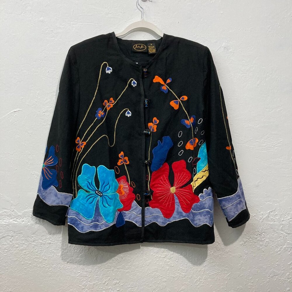 Julia Kim Art to Wear Embroidered Jacket Blazer Button up Brown Multi Applique S